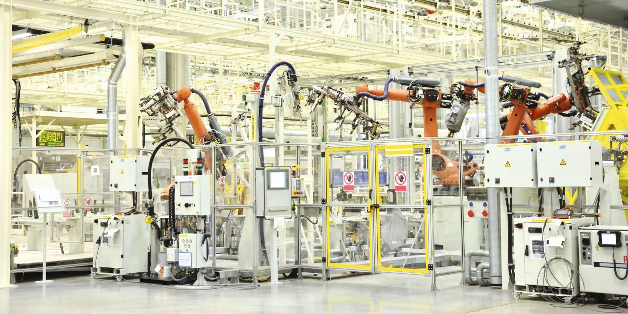Part of the welding in a large new automobile factory