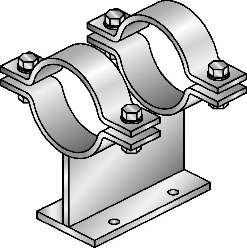 Supporti a collare MI-PS 2/1 Supporti a collare doppi zincati a caldo (HDG) per il fissaggio di tubi DN 25-300 a travi MI in applicazioni per carichi pesanti