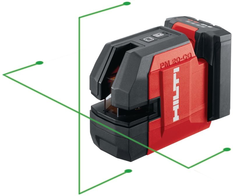 PM 20-CG Lot- und Kreuzlinienlaser 12 V Grünlicht-Kombilaser mit 2 Linien und 5 Punkten zum Loten, Nivellieren, Fluchten und Abstecken rechter Winkel (12-V-Akkuplattform)